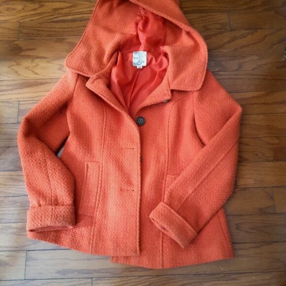 Tulle Anthropologie Burnt Orange Hooded Peacoat Women's Weave Medium - Picture 3 of 6